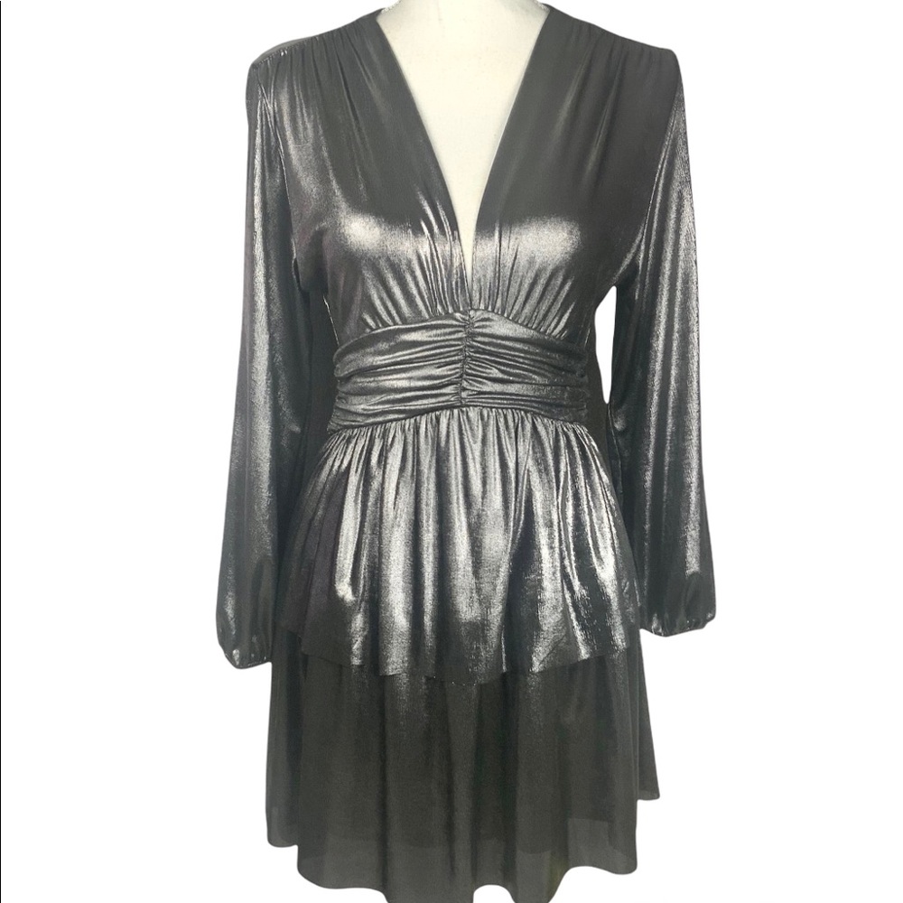 Zara Cocktail Holiday Dress XS Silver Metallic Party Short Vneck Long Sleeve